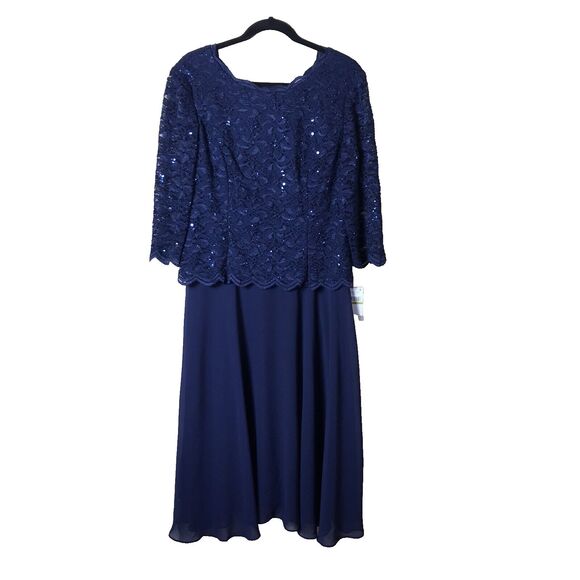 NEW Alex Evenings Women's Navy Sequin Lace Embroidered Tea-Length Dress Sz 14 - Picture 1 of 13